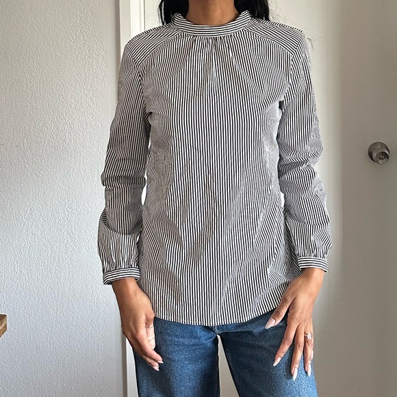 J. McLaughlin Elodie Black and White Striped Tie Back Mock Neck Blouse - Picture 1 of 5
